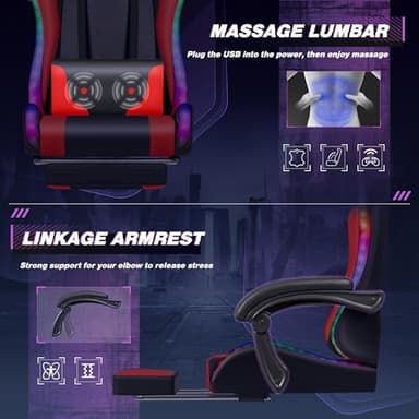 Homall Gaming Chair, Video Game Chair with Footrest and Massage Lumbar Support, Ergonomic Computer Chair Height Adjustable with Swivel Seat and Headrest (RGB Red) - Image 5