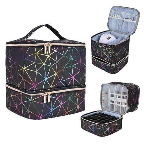 FIVEDRX Colorful PU Nail Polish Organizer Storage Bag Professional Nail Accessories Kit Holds 30 Bottle (15ml/ 0.5 fl.oz) and a Nail Lamp Case Double Layer Nail Polish Carrying Case(black) - Image 1