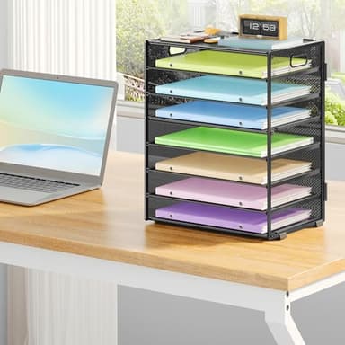 Biciyarn 8 Tier Paper Organizer with Handle, Metal Mesh Desk File Organizer, Large Capacity Desk Organizers Paper Letter Tray Desktop Document Sorter for Office, Home or School - Black - Image 2