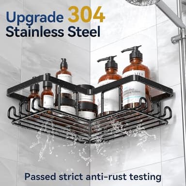 YASONIC Corner Adhesive Shower Caddy, with Soap Holder and 12 Hooks, Rustproof Stainless Steel Bathroom Organizer, No Drilling Wall Mounted Rack, Black, 3-Pack - Image 2