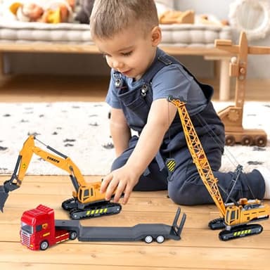 Kids Construction Toys for Boys, Playset of Excavator Toy, Crane Toy & Semi Truck Toy Tractor Lowboy Trailer, Construction Trucks for Toddler, Ideal Birthday Party Favor Gift for 3 Years Old and Up - Image 5