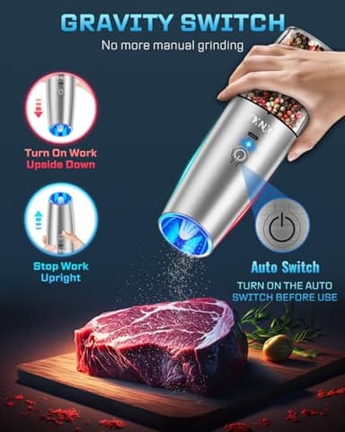 XinXu RECHARGEABLE Salt and Pepper Grinder Set,Automatic Pepper Mill,USB Rechargeable,Adjustable Coarseness,One-handed Operation,Ceramic Burr,Refillable,Auto Grinders Shakers LED Light,Sliver - Image 2