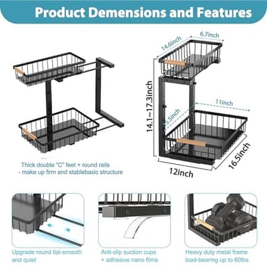 Liuoud Under Sink Organizer Storage 2 Pack, 2 Tier Slide Out Height Adjustable Pull Out Cabinet Organizer Drawer for Kitchen Bathroom Large Under Sink Shelf Rack Caddy for Pantry, Black - Image 6