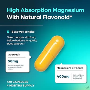 Sandhu's Magnesium Glycinate 400mg Capsules with Quercetin | Quality Sleep, Relaxation, Muscle Health & Immune Support | 120 Count (Pack of 1) | Easy to Swallow | for Women and Men - Image 3