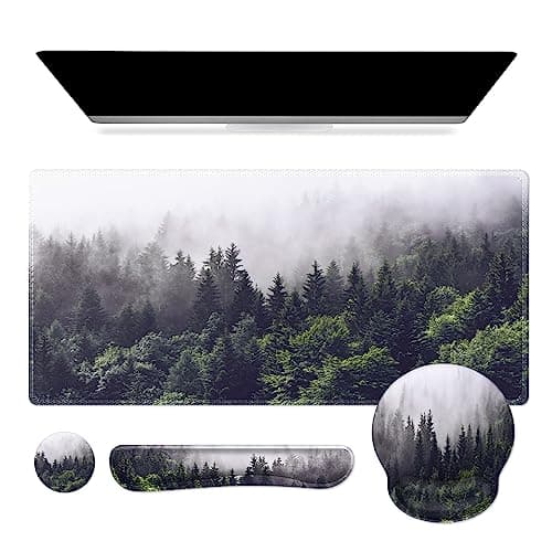 iCasso Desk Mat, Gaming Mouse Pad Wrist Support Set,4in1 XXL Large Mousepad + Keyboard Wrist Rest+Mouse Wrist Rest+Coaster Set with Ergonomic Design for Home Office Table Computer-Forest - Image 1