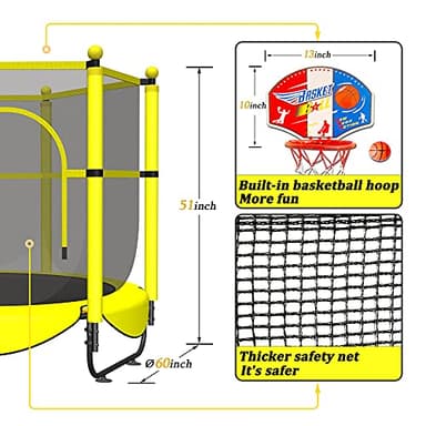 60" Trampoline for Kids, 5 FT Toddler Baby Trampoline with Safety Enclosure Net, Indoor or Outdoor Yellow Small Trampolines with Basketball Hoop, Birthday Gifts for Kids, Gifts for Boy Age 3-8 - Image 6