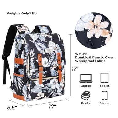 Ronyes Vintage Backpack for Women Men, Laptop Backpack 15.6 inch Bookbag Casual Daypack for College Work, Black with Flower Pattern - Image 3
