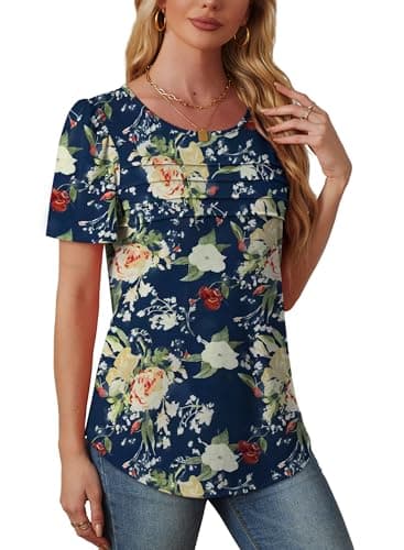 Ladies Tops and Blouses Short Sleeve T Shirts Dressy Causal Trendy Flower Summer Clothes 2025 Plus Size Women's Clothing Navy Floral M - Image 4