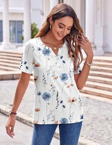 Zeagoo Dressy Tops for Women Short Sleeve Summer Outfits Loose Fit V Neck T Shirts Fall Dressy Blouses Floral White - Image 3