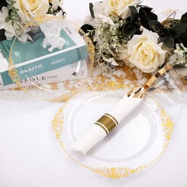 Nervure 175PCS Clear Gold Plastic Plates - Disposable Gold Party Plates & Pre Rolled Napkins with Cutlery for 25 Guests, 50Plates, 75Silverware, 25Cups, 25Napkin for Wedding & Party & Thanksgiving - Image 4