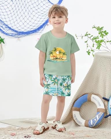 YUEMION Toddler Baby Boy Summer Outfit Baby Boy Clothes Short Sleeve T-Shirts Top + Shorts 2Pcs Boy Clothing Casual Set(Light green, 12-18 Months) - Image 2