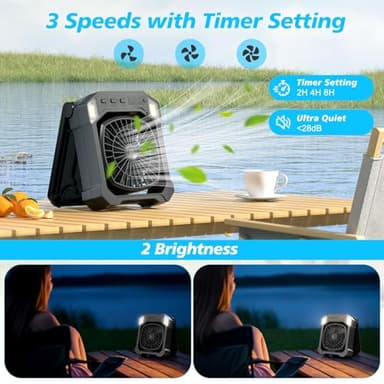 Camping Fan Battery Powered & Solar Powered, Portable Solar Fan 10000mAh Rechargeable Outdoor Fans with Light, Quiet Cordless Fans for Tent, RV, Emergency, Hiking, Power Outage, Desk, Survival Kit - Image 4