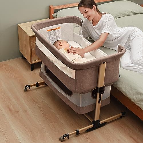 3 in 1 Baby Crib, Bassinet Bedside Crib Adjustable Portable Bed for Infant,Baby Newborn Must Have Bed,Khaki - Image 1