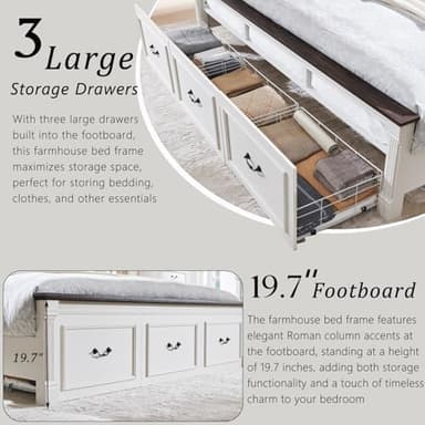 Aitjunz Farmhouse King Size Bed Frame with 51" Tall Headboard, Wood Platform Bed Frame with 20" Tall Roman Column Decoration Footboard & 3 Large Storage Drawers, No Box Spring Needed (White) - Image 5