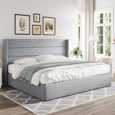 Allewie King Size Lift Up Storage Bed, Modern Wingback Headboard, Hydraulic Support, No Box Spring Needed, Light Grey - Image 8