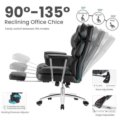 OLIXIS Executive Office Desk Chair, Ergonomic Big Tall High Back Computer Chair with Footrest & Lumbar Support, Reclining Adjustable, Comfy PU Leather Gaming Chair with Outward Fixed Armrests, Black - Image 4