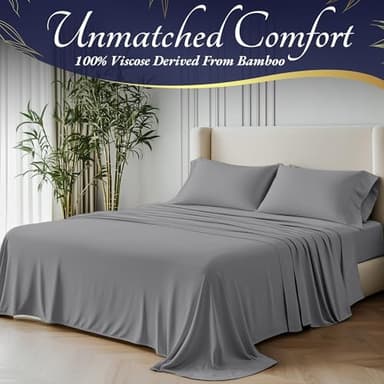 DECOLURE 100% Viscose Derived from Bamboo Sheets Queen Size 4pcs - Ultra Soft & Luxuriously Cooling, 17" Deep Pocket, Double Stitching, Perfect for Hot Sleepers - Queen Bed Sheets (Midgrey) - Image 2