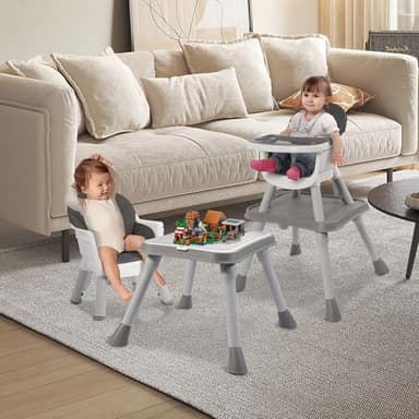 Convertible Baby 6-in-1 High Chair, for Children 6-36 Months with Safety Harness, Removable Tray & PU Cushion, Gray - Image 8