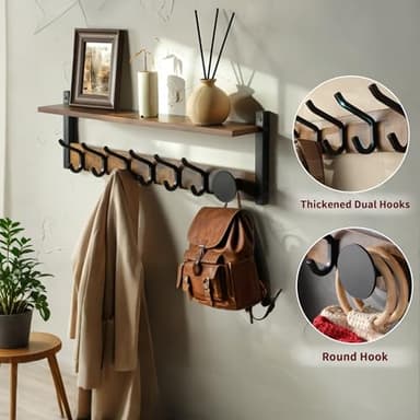 YIGII Wall Shelf with Hooks, Coat Rack Wall Mount with 7 Dual Metal Hooks, Wooden Floating Shelf Coat Hanger for Bedroom, Entryway, 24inch - Image 4