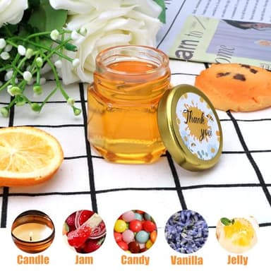XING-RUIYANG 60 pack 1.5 oz Mini Honey Jars，baby shower favors,There's honey sticks, bee pendants, stickers and gold goodie bags，Suitable for wedding party gifts - Image 7
