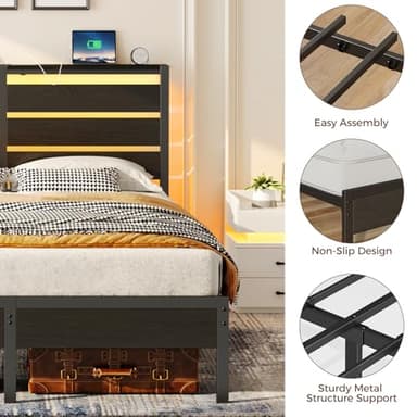 Rolanstar Bed Frame Queen Size with USB Charging Station, LED Bed Frame with Wood Storage Headboard, Black Metal Platform Bed with Under Bed Storage, No Box Spring Needed, Noise Free - Image 6