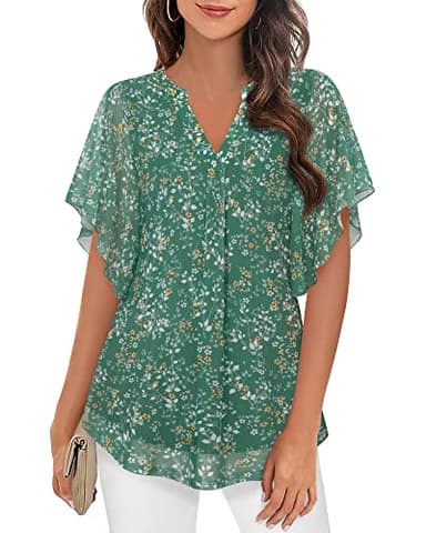 Timeson Summer Blouses for Women 2023,Tunic Tops for Women Loose Fit Ladies V Neck Short Sleeve Tops 2023 Casual Dressy Business Casual Clothes Elegant V Neck Flowy Office Work Shirts Mist Green XL - Image 1