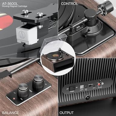 All in One Vinyl Record Player,Bluetooth Turntable Built in 4 Stereo Speakers Phono Preamp,High Fidelity Turntables for Vinyl Records with Magnetic Cartridge AT-3600L MM,Belt Drive 2-Speed,33/45 RPM - Image 3