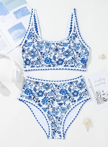 Herseas Women's Bikini Sets Floral Print Whip Stitch 2 Piece Modest Swimsuits High Waisted Scoop Padded Blue Bathing Suits Medium - Image 4