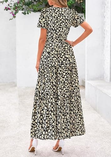 PRETTYGARDEN Women's 2025 Summer Boho Maxi Dresses Floral Short Sleeve V Neck A Line Tiered Flowy Long Beach Vacation Dress (Black,Large) - Image 2