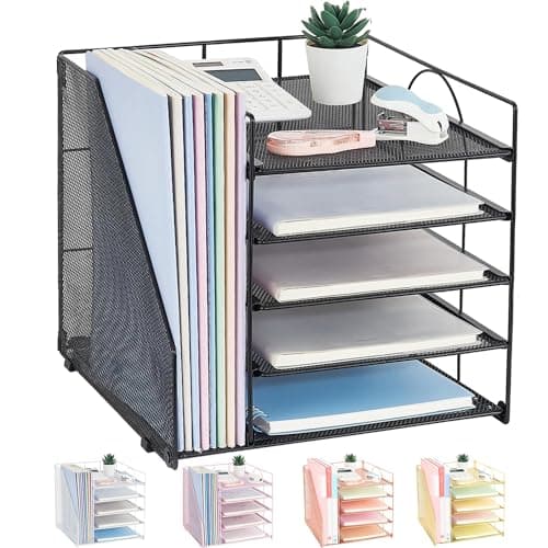 LEKETREE Desk Organizers and Accessories, 5-Tier Paper Letter Tray Organizer with File Holder, Desktop Organizer for Office Supplies (Black) - Image 1