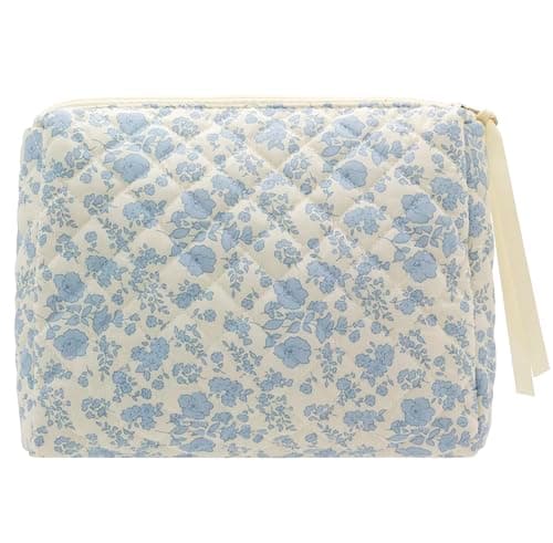 PAZIMIIK Quilted Makeup Bag Large Travel Zipper Soft Cosmetic Pouch for Women Girls Make Up,Little Flower Blue - Image 1