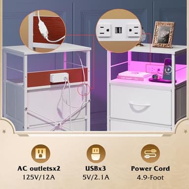 WLIVE White Night Stand with Charging Station, LED Nightstand with 3 Fabric Drawers, Tall Bedside Table with 3 USB Ports and 2 Outlets, Dresser for Small Space, 31.93" H Side Table for Bedroom - Image 6