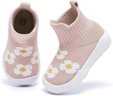 MORENDL Toddler Sock Shoes Baby Walking Shoes Infant Slippers Boys & Girls Non-Slip Sneakers Beige Flower 12-15 Months - Image 1