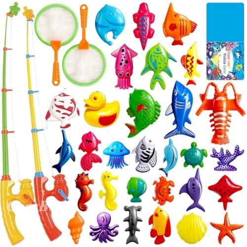 CozyBomB™ Magnetic Fishing Toys Game Set for Kids | Water Table Bathtub Kiddie Pool Party & Pole Rod Net, Plastic Floating Fish Toddler Color Ocean Sea Animals Birthday Age 3 4 5 6 Year