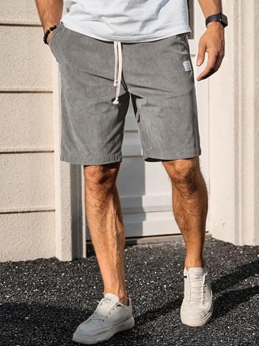 PLEPAN Mens Casual Shorts Drawstring 7 inch Corduroy Summer Beach Short Light Grey Large - Image 2