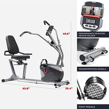 Sunny Health & Fitness Compact Performance Recumbent Bike with Dual Motion Arm Exercisers, Quick Adjust Seat & Exclusive SunnyFit® App Enhanced Bluetooth Connectivity - SF-RB420032 Gray - Image 6
