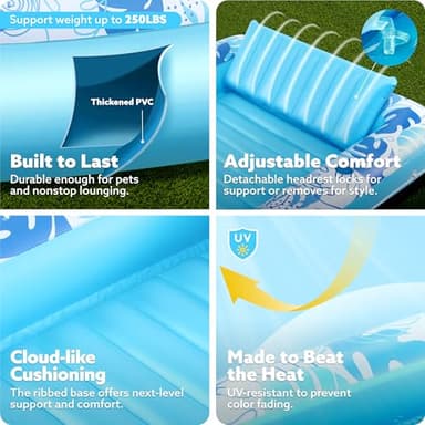 SLOOSH Inflatable Tanning Pool Lounger Float, 70" x 46" Pool Floats Adult with Pillow, 4 in 1 Suntan Tub Raft Floatie,Sunbathing Bed Lounge for Water Blow Up Kids Ball Pit Party Gifts, L-Blue - Image 5