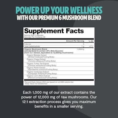 FreshCap Mushrooms Ultimate Mushroom Supplement 12,000mg - Nootropic Mushroom Complex Capsules, Organic Supplement, Brain Supplements for Memory and Focus Ayurveda (120 Capsules) - Image 3