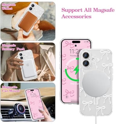 UEEBAI Magnetic for iPhone 16 Case, Bow Case Compatible with MagSafe, Wireless Slim Clear Ribbon Aesthetic Phone Cover Anti-Yellowing Shockproof Protective Cover for Women Girl - White - Image 2