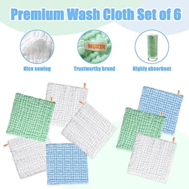 MUKIN Muslin Washcloths - Soft Face Cloths for Newborn, Absorbent Bath Face Towels, Wipes, Burp Cloths, Baby Registry as Shower. Pack of 10 (Green,Blue,White) - Image 3