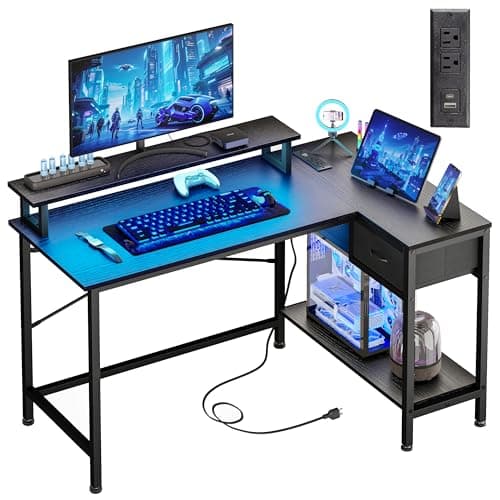 Fixwal Gaming Desk for Bedroom L Shaped Small Corner Computer Desk with Power Outlets and LED Lights, PC Desk, Home Office Desks with Drawer, Writing Desk Study Desk, Black - Image 1