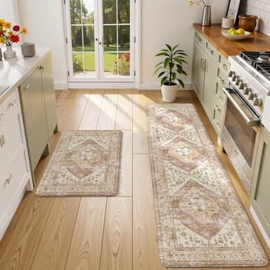 KIMODE Anti Fatigue Kitchen Mats for Floor, Farmhouse Kitchen Rugs Sets of 2, Cushioned Kitchen Floor Mats, Comfort Standing Mats for Sink Laundry Office Desk Khaki 20"x71"+20"x32" - Image 1