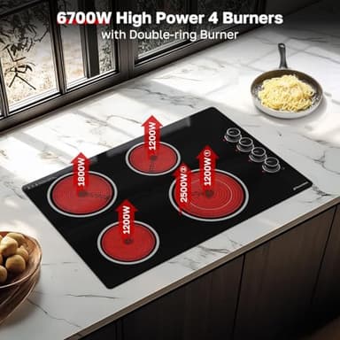 ThermoMate 30 Inch Electric Cooktop, 4 Burners Knob Control Built-in Ceramic Cooktop, 30" Radiant Electric Stove Top of 6700W with 9 Heat Levels, Hot Surface Indicator, 220-240v, Hard Wired - Image 2