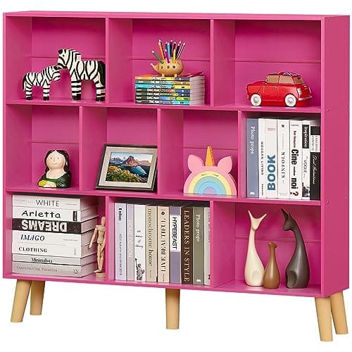 LEYAOYAO 10 Cube Bookshelf,3 Tier Modern Wide Bookcase with Legs,Mid-Century Wood Bookshelves Storage，Pink Large Book Case,Freestanding Organizer Display Shelf for Bedroom,Living Room,Office - Image 1