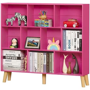 LEYAOYAO 10 Cube Bookshelf,3 Tier Modern Wide Bookcase with Legs,Mid-Century Wood Bookshelves Storage，Pink Large Book Case,Freestanding Organizer Display Shelf for Bedroom,Living Room,Office - Image 1