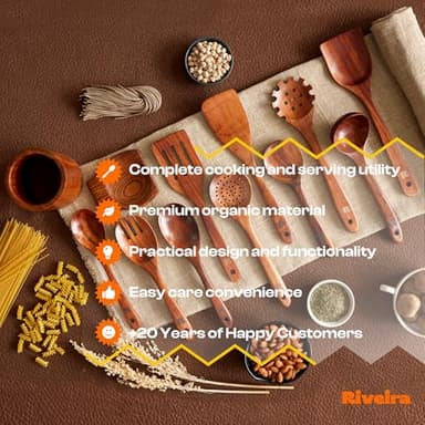 Riveira Dark Teak Kitchen Utensils Set - 12-Piece Non-Toxic Cooking Utensils Set - Wooden Spoons for Cooking - Spatula for Cooking - Teak Wooden Utensils - Image 7
