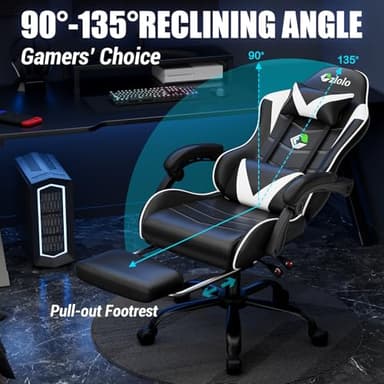 Czlolo Gaming Chair with Footrest Racing Style Lumbar Support Massager Video Game Chair with Metal Legs, High Back Reclining Gamer Chair with Headrest, 360° Swivel Office Computer Desk Chair (White) - Image 5