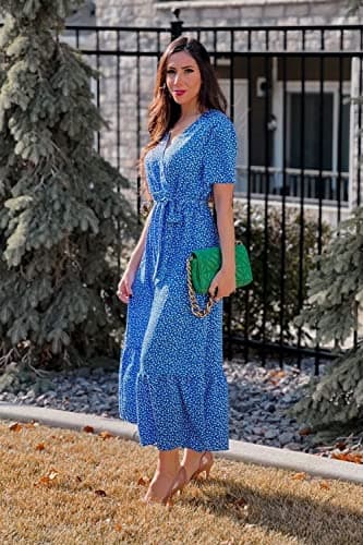 PRETTYGARDEN Women's 2024 Floral Boho Dress Wrap V Neck Short Sleeve Belted Ruffle Hem A-Line Flowy Maxi Dresses (Blue Floral,Large) - Image 7