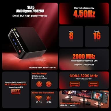 Beelink Mini PC, SER5 Pro 5825U AMD Ryzen 7 (Up to 4.5GHz) 16GB DDR4 500GB PCle 3.0 SSD Mini Desktop Computer, 2.5G LAN, Wifi6/BT5.2,HDMI/DP/Type-c/4K Triple Display Micro PC - Image 3