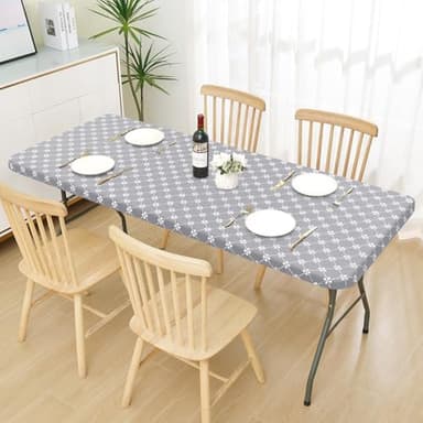 misaya Rectangle Vinyl Table Cloth, Elastic Fitted Tablecloth with Flannel Backing, Waterproof Plastic Table Cover Fits 5 Foot Folding Tables for Camping, Indoor and Outdoor (Light Grey, 30" x 60") - Image 6